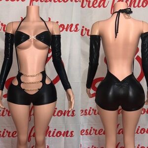 Sexy Leather Romper Black Outfit With Ruched Scrunched Butt Rave Wear